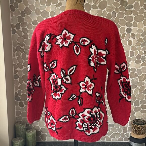 Vintage IZOD hand knitted red black white floral cardigan – size large - Picture 6 of 7
